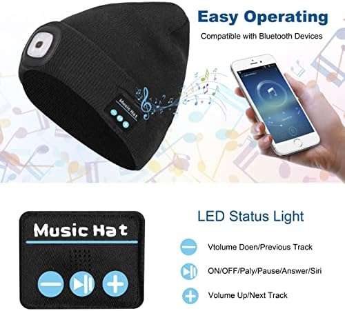 GAFRES Unisex Bluetooth Beanie со фарови, надградено музичко плетено капаче со слушалки и микрофон, подароци за мажи жени