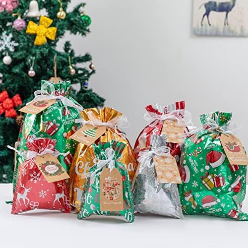 Пабеу Мали Торби За Подароци Божиќ 12 парчиња Божиќни Торби За Подароци Торба За Подароци За Повеќекратна Употреба Со Врски Со Ленти и Божиќни