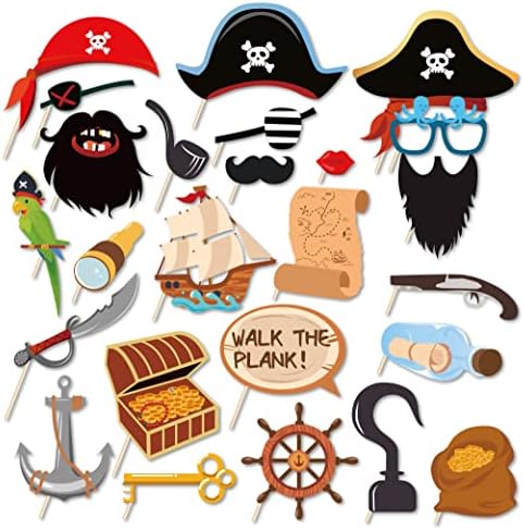 25 парчиња забавни материјали за пиратски партии, Пиратите од селфи за темата на Карибите, идеални подароци пиратски капа за печ -меч Телескоп
