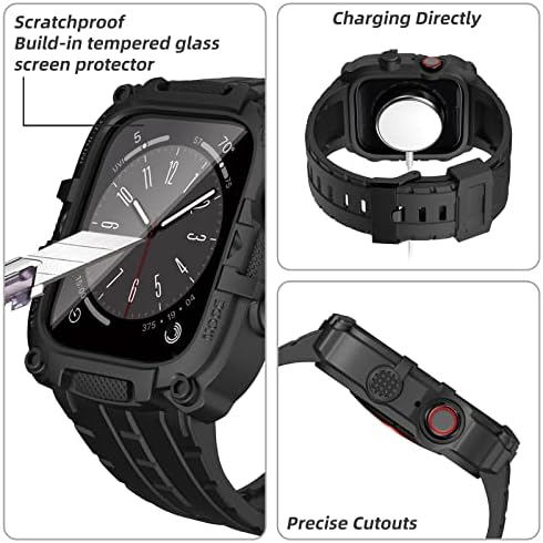 Yalocea Компатибилен со Apple Watch Band 45mm со вграден заштитник на екранот, солиден обвивка за браник на ленти со каленран стаклен заштитник за стакло за стакло за серија 8/7, ?
