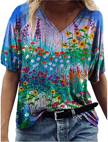 Амикадом Лејди есен летен блуза со краток ракав 2023 Облека памук V вратот Графички салон Топ за жени R3 R3