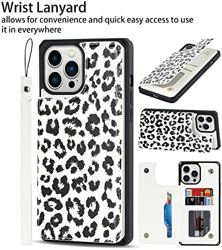 Кавор за Iphone 13 Pro Max Телефон Случај Со Држач За Картичка, Леопард Жито Стп Кожа [Kickstand Функција] [Рачен Зглоб] Двојно Магнетни