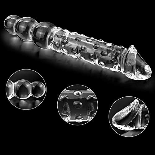 Стакло реален дилдо, 11,6 инчи Г-точка пенис Двоен донг со 3 топки живописни жлезди и испакнатини, големи и густи анални мониста на аналниот задник