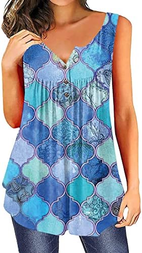 OPLXUO женски обичен резервоар врвови лето копче нагоре со ракав, без ракав туника, проток на лабава кошули, вратоврска боја, печатење