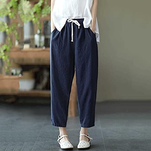 Постелни панталони за жени лето високо порасна капри затегнати џемпери јога лесни еластични еластични панталони со должина на глуждот
