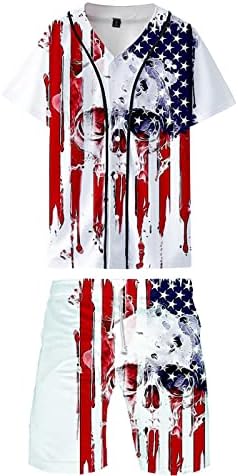 Обичен патриотски 2 парчиња сет за мажи со американско знаме за печатење маица и шорцеви лабави облека за кратки ракави за одмор на плажа