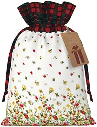 Божиќни Торби За Подароци Со Врвки За Влечење Акварел-Цветна-Пчела-Пеперутка Бафало Карирана Торба За Влечење Забава Ги Фаворизира