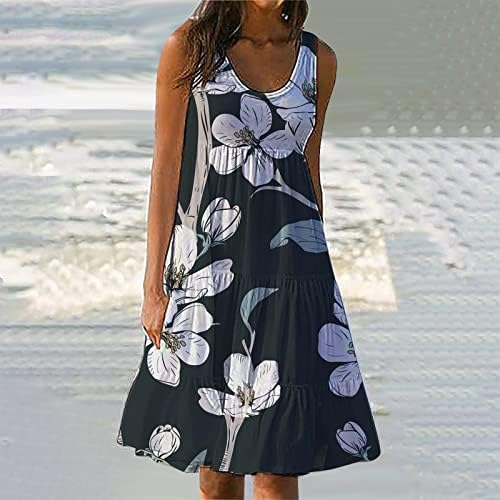 Фустан со резервоарот Knosfe за жени, u вратот, обичен садрснат фустан од плажа, летен фустан без ракави, фустан, обичен фустан