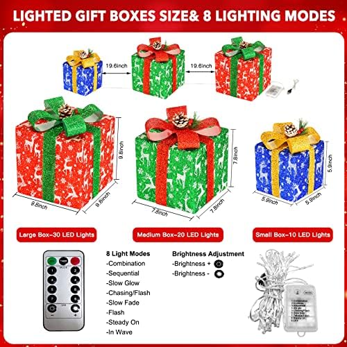 Божиќни украси Осветлени кутии за подароци, сет од 3 60 LED светлосни кутии со лак и пинекони, костум за Божиќна затворена декорација