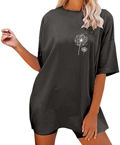 Плус големина на женски врвови, симпатична графичка печатена екипаж за кратки ракави Основни маички плус женски маички