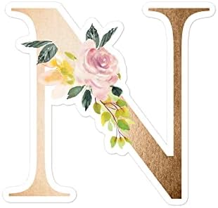 Златна украсена азбука N, налепница за дизајн на флорал за акварел, монограм со единечна буква најдобар пријател подарок
