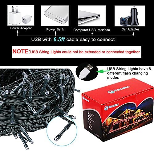 Внатрешни/надворешни жици на жици со 8 режими кои се менуваат на блиц USB моќност 39ft 100длето жица светла водоотпорни бајки трепет декоративни