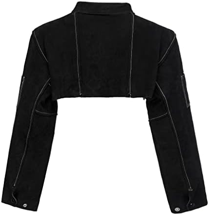 Онетинска половина ковчешка кожна заварување јакна, палто за ракав, црна; Подобрени копчиња за прицврстување, заварување со тешка заштита