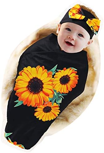 ФАМКИТ новороденче примач за ќебе постави сончогледово цветно бебе за бебиња со лента за глава со црна боја