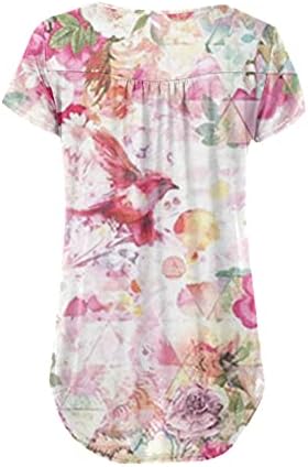 Fannyouth Womens 2023 летни врвови скријте ги маиците со кратки ракави за стомакот, симпатична проток Хенли маичка обични облечени блузи