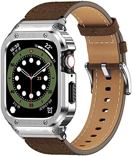 Метална кутија со Suplink со кожен опсег за часовници компатибилни ленти со Apple Watch 38/40/41/42/44/45/49mm, не'рѓосувачки челик солиден