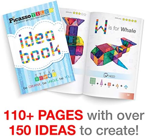 Книга за идеи за Picassotiles + 60PCS магнет плочки + 4 фигури на семејна акција, над 150+ идеи 110 страници на уникатни иновативни креации за