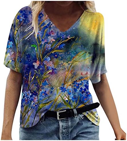 Womenените летни врвови облечени обични 2023 V вратот кратки ракави маички цветни лабави вклопуваат симпатична вежба за кошула плус големина