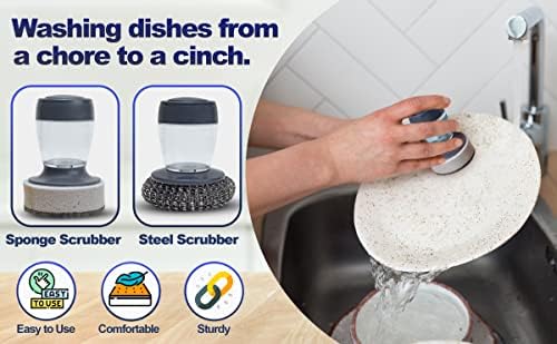Чистач за садови со диспензерот за сапун - сет од 2-1 палми сунѓер со рачка за диспензерот за сапун и 1 чистач од не'рѓосувачки