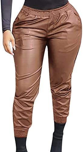 Кожни панталони за жени мода случајна пушка кожна еластична половината џемпери со џебови поставени панталони за жени
