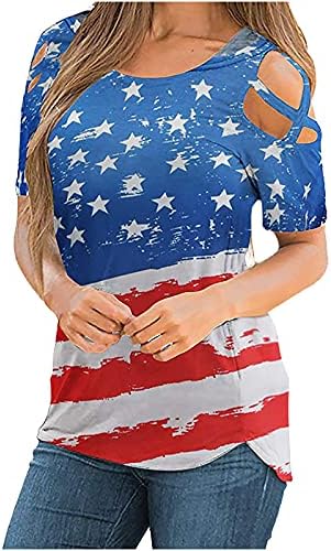 Женско Американско Знаме Маица 4 јули Маици Врвови На Вратот На Екипажот Исечени Блузи Со Кратки Ракави 2023 Модни Кошули
