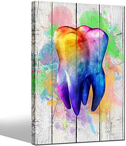 Levvarts современа уметност отпечатоци шарен заб со дрво позадина сликање платно уметност за стоматолошка клиника канцеларија