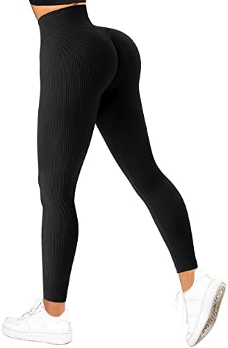 Suuksess Women Women Ribbed Беспрекорни хеланки со високи тренинзи со високи половини за јога панталони
