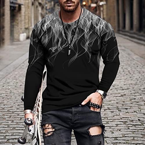 Памук мешавина на врвот за мажи оган 3Д печатена кошула со долг ракав трендовски црна маица