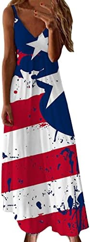 4 -ти јули лизгачки фустани за жени Денот на независноста на знамето Обичен лабав V вратот без ракави макси долги Starвездени ленти фустан