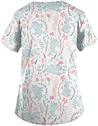 Жени среќни велигденски кошули зајаче зајак симпатична печатена графичка работа, обични врвови со кратки ракави со џебови