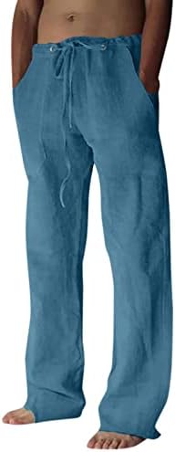 Машки памучни постелнини панталони машка лабава лабава вклопена права нозе, постелнини памучни панталони капри панталони со шишиња со јога