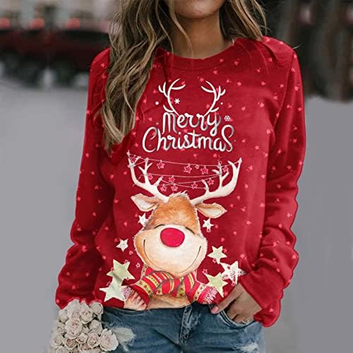 Црвени Божиќни џемпери за жени Симпатична ирваси печати екипаж со долги ракави кошули плус големина џемпери зимска облека врвови
