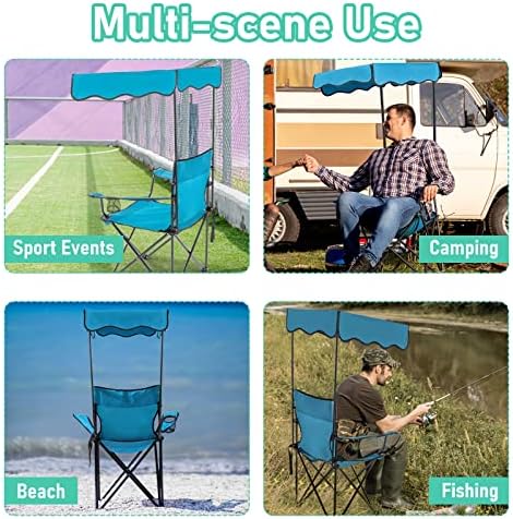 Преклопување на стол за кампување со крошна сенка за возрасни, преносни столици на плажа со чадор поддршка 330 фунти, стол за трева со тешки преклопи