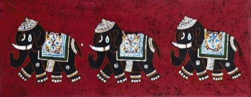 Dollsofindia Три украсени слонови - 17,5 x 44 инчи - разнобојно сликарство со батик на крпа - нерасположено