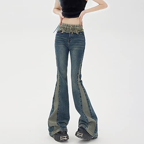 Деним плетени панталони со високи половини гроздобер крпеница разгорени фармерки едноставна и софистицирана женска истегнување права нога