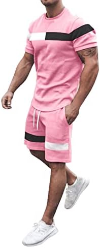 Ruiruilico Обични спортски облеки за машки кратки ракави за кратки ракави за летни бои за блокирање на екипажот за екипаж и шорцеви поставени