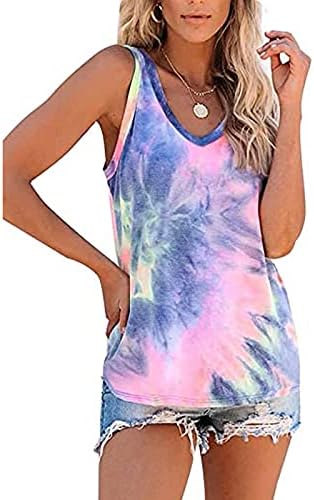 LCEPCY TIE резервоарот за боја, врвот на жените без ракави за јога тренинг маица симпатична печатена лабава вклопена летни врвови маици со маици