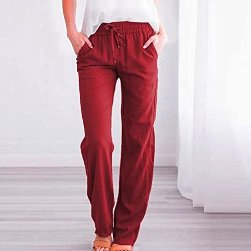 Cress женски џемпери, обични памучни памучни и постелнина цврста боја, еластична половината на еластична половината, долги директни панталони