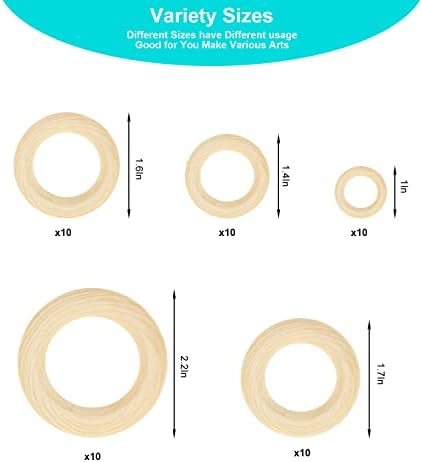 50 парчиња 5 големини Природни дрвени прстени, 25мм-55мм дрвени прстени за занаети дрвени прстени за приврзоци за приврзоци на Macrame