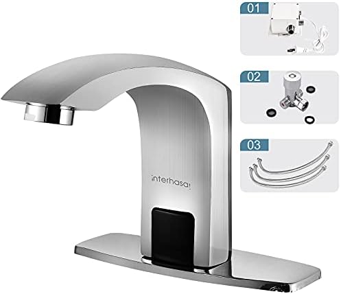 Интерхаса! Бесплатна тапа за бања Chrome Автоматска тапа за мијалник за бања со плоча за капаци, без раце за бања со контролна