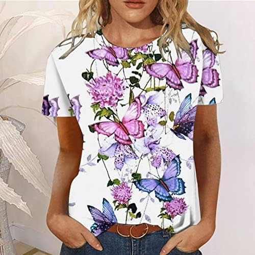 Тинејџерски девојки кошула со краток ракав памучен чамец врат пеперутка цветен графички бранч лабава фит блуза кошула за жени ко