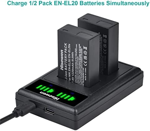 HiseWen EN-EL20 EN-EL20A батерија и двоен полнач, 2 пакет 1220mAh Батерија за замена за Nikon Coolpix P1000, P950, 1 AW1, 1 J1, 1 J2, 1 J3, 1