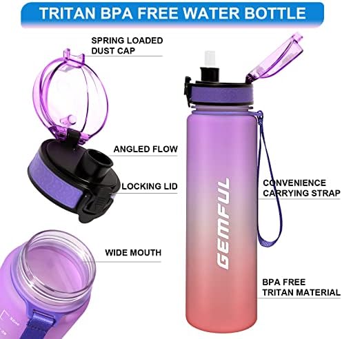 Gemful 32oz шише со вода со слама маркер Мотивациски шишиња Tritan BPA бесплатно за фитнес салата на отворено спорт