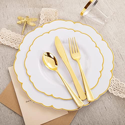 Мореј 175 парчиња златни пластични плочи - Бело злато за еднократна употреба со пред -валани салфетки: 25 чинии за вечера, 25 десертни плочи,