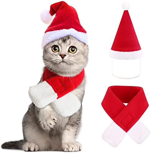 Јујун 2 парчиња мачка Божиќна костум Божиќно милениче Дедо Мраз со облека со шал за кученца маче за божиќни партии за костуми