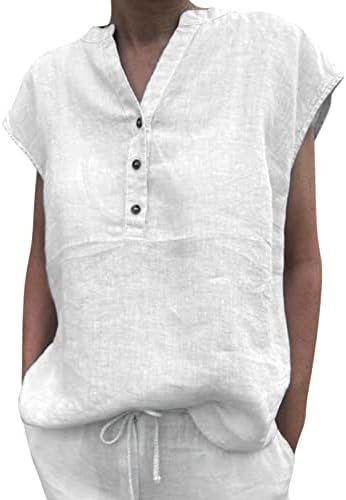 2023 летни врвови за жени памучни постелнини со кратки ракави, обични маички од лабава вклопена v врат цврста боја блузи