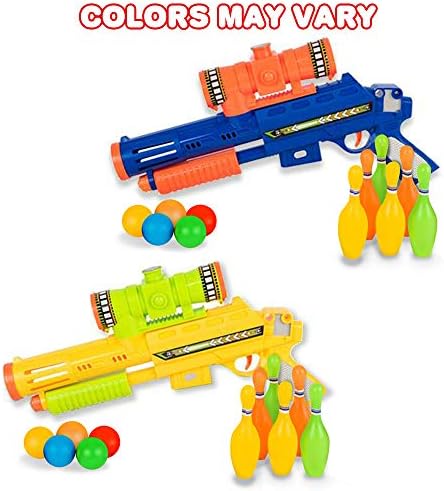 Игра за пукање во куглање со уметност за деца - сет вклучува 1 пиштол за играчки, 4 шарени топчиња за пинг -понг и 6 пластични иглички за куглање - Најдобра активност за
