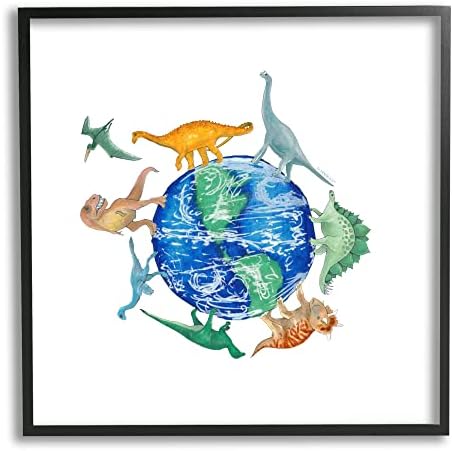 СТУПЕЛ ИНДУСТРИИ Различни диносауруси кои кружат планета илустрација на Земјата Глобус, дизајн од страна на Ајдике