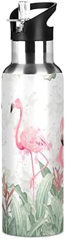 Алаза фламинго во тропски растенија шише со вода со вакуум со капакот од слама, изолирана од не'рѓосувачки челик термо колба за колба 32oz