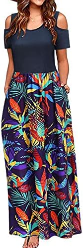 Макси фустани за жени 2023 летна плажа цветно ладно рамо облечен лесен краток ракав долг фустан со џебови